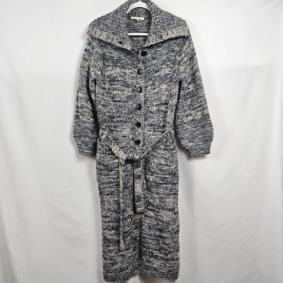 Frame Belted Melange Wool Blend Belted Cardigan in Navy and Light Gray Size S - Picture 1 of 14